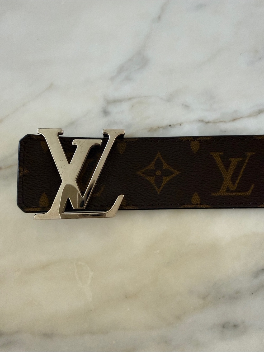Authentic Louis Vuitton Brown Monogram Canvas Belt with Silver LV Buckle
